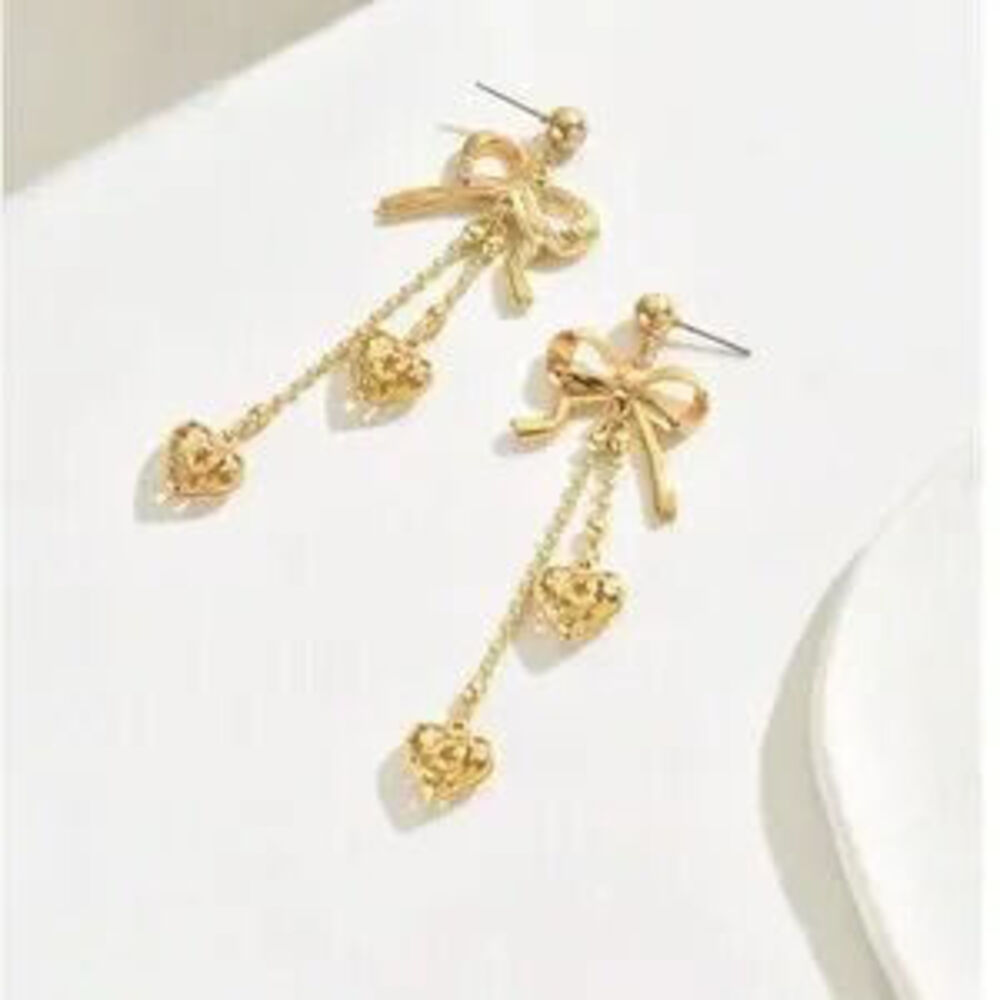 Luxe Gold Tone Bow Heart Drop Earrings - Picture 4 of 4